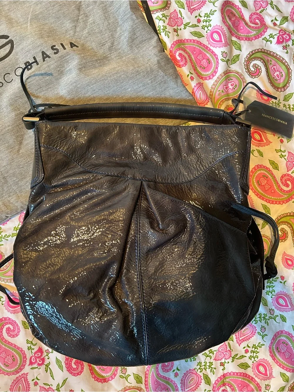 Francesco Biasia Dark Storm Grey Patent Leather Hobo Shoulder Bag